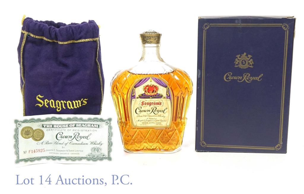 Pre 1964 Canada Only Seagram's Crown Royal Whisky: *** IF YOU MAY NEED SHIPPING, PLEASE CALL US BEFORE BIDDING ON BOTTLES! 847-625-0555. *** Seagram's Crown Royal rare old Canadian Whisky. 25 fluid ounces. High shoulder fill. Gold cap. No alcohol volu