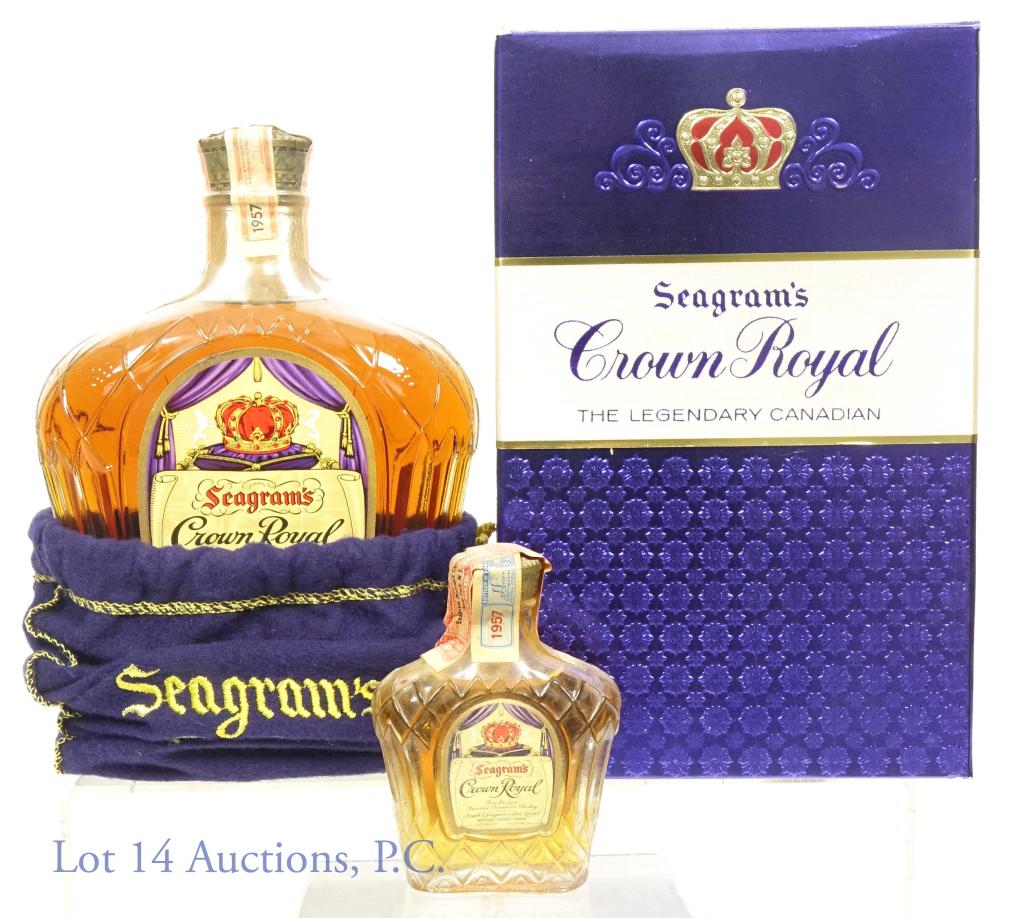 1957 Crown Royal 4/5 Qt & Mini Bottles: Two 1957 Crown Royal Whisky Bottles - 4/5 quart, 80 proof. And 1/10 pint mini bottle. 4/5 quart bottle has bag and box. Very good fill levels.