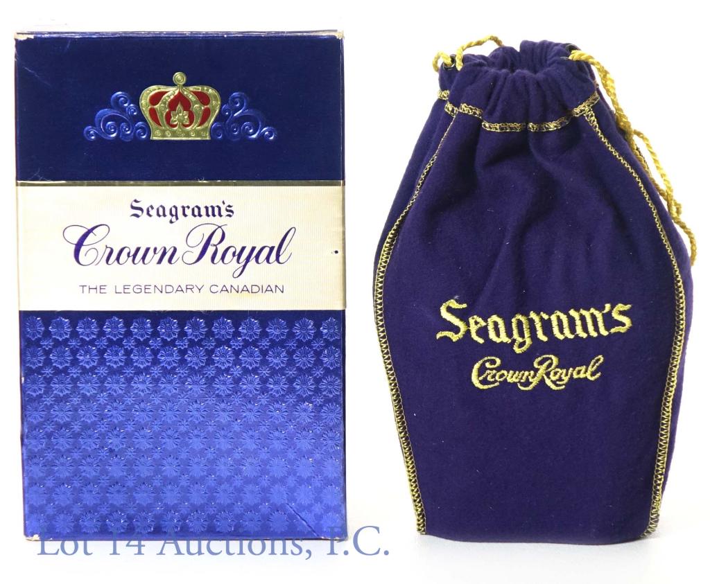 1959 Crown Royal Whisky (Box & Bag): 1959 Crown Royal blended Canadian whisky. 80 proof (?). 25 fluid ounces. Comes with purple drawstring bag and original box (one side flap is partially torn but is still attached.