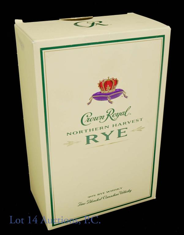 Crown Royal Northern Harvest Rye Canadian Whiskey: *** IF YOU MAY NEED SHIPPING, PLEASE CALL US BEFORE BIDDING ON BOTTLES! 847-625-0555. *** Crown Royal Northern Harvest rye blended Canadian whisky. 45% abv, 750ml. Box is still sealed with a gold stic