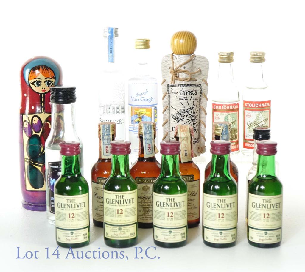 Bourbon and Vodka Mini Bottles (16): Lot includes: 4 mini bottles of vodka ) Stolichnaya (Russia), Belvedere (Poland), Van Gogh (Amsterdam), all 80 proof, all 50 ml.; 2 mini bottles of spirits, Moroz (Russia), comes in nesting doll, and