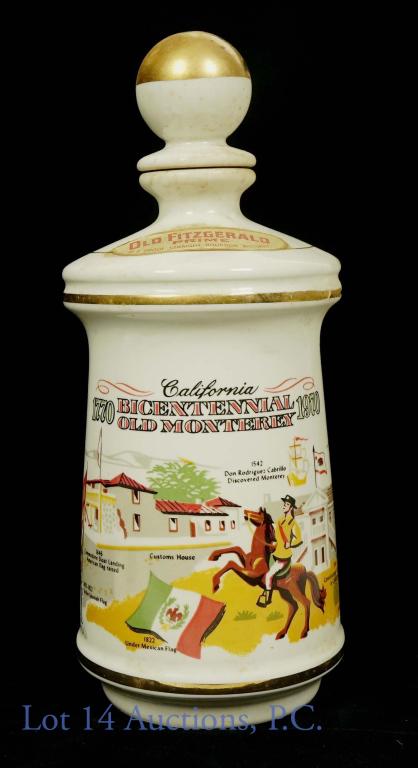 Old Fitzgerald Prime Bourbon - California Stitzel: 1970 Old Fitzgerald Prime Kentucky straight bourbon whiskey. 7 years. 86.8 proof. 4/5 quart. Stitzel Weller Distillery. California Old Monterrey bicentennial (1770 - 1970). 3.5 pounds (1.5 kg).
