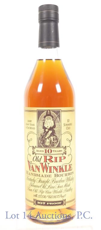 Old Rip Van Winkle 10 Year Bourbon Whiskey: **IF YOU NEED SHIPPING ON BOTTLES OR DECANTERS PLEASE CALL US BEFORE BIDDING! 847-625-0555!** Van Winkle Kentucky straight bourbon whiskey. Old RIP. 10 years old. 107 proof. 750 ml. Full and sealed. E