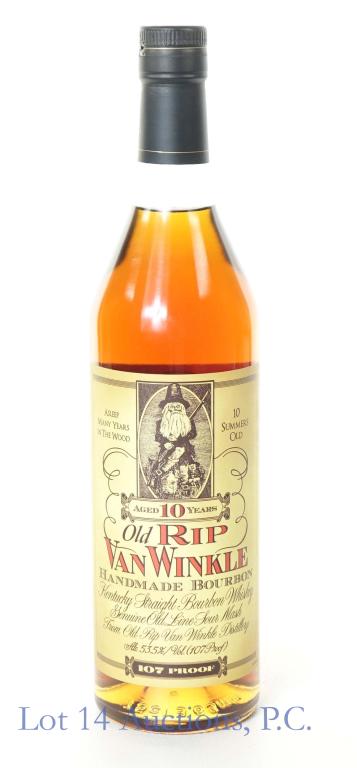 Old Rip Van Winkle 10 Year Bourbon Whiskey: **IF YOU NEED SHIPPING ON BOTTLES OR DECANTERS PLEASE CALL US BEFORE BIDDING! 847-625-0555!** Van Winkle Kentucky straight bourbon whiskey. Old RIP. 10 years old. 107 proof. 750 ml. Etch: L211960108:0