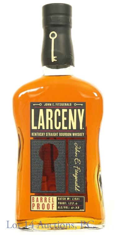 Larceny Barrel Proof Bourbon Whiskey: John E. Fitzgerald Larceny Kentucky straight bourbon whiskey. Barrel proof (122.6 proof). Batch No. C921. Old Fitzgerald Distillery. Etch: M32012231.