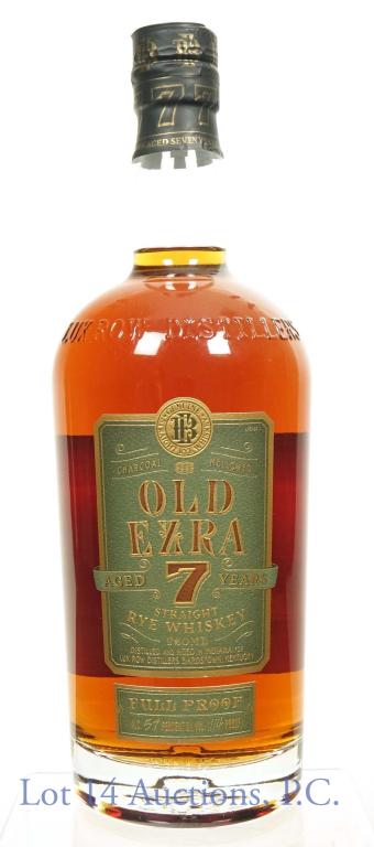 Old Ezra 7 Yr Straight Rye Whiskey: *** IF YOU MAY NEED SHIPPING, PLEASE CALL US BEFORE BIDDING ON BOTTLES! 847-625-0555. *** Two bottles of Old Ezra straight rye whiskey. Barrel strength. 114 proof, 750ml.