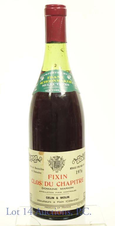 1976 Fixin Clos Du Chapitre Table Wine: 13% abv. 750 ml. Product of France. Imported by Frank Schoonmaker Selections. Heavy sediment at bottom of bottle and some on the neck.