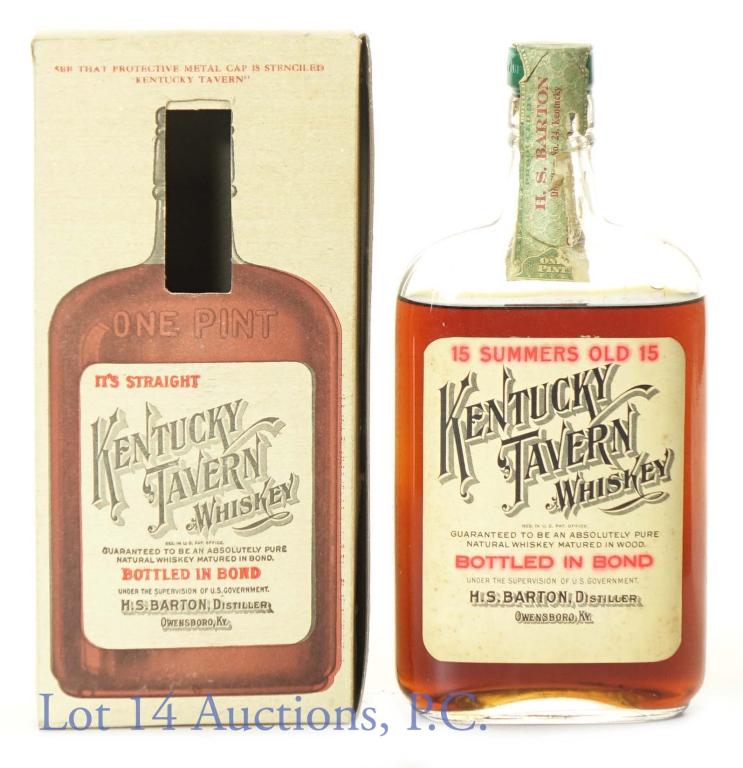 PrePro Kentucky Tavern Whiskey (BiB 1917-1933): Kentucky Tavern whiskey. 15 summers old (made Fall 1917 - Bottled Spring 1933). Bottled in Bond (100 proof). 1 pint. Low shoulder fill. Pre-prohibition production. H.S. Barton Distiller. Labeled "WARN
