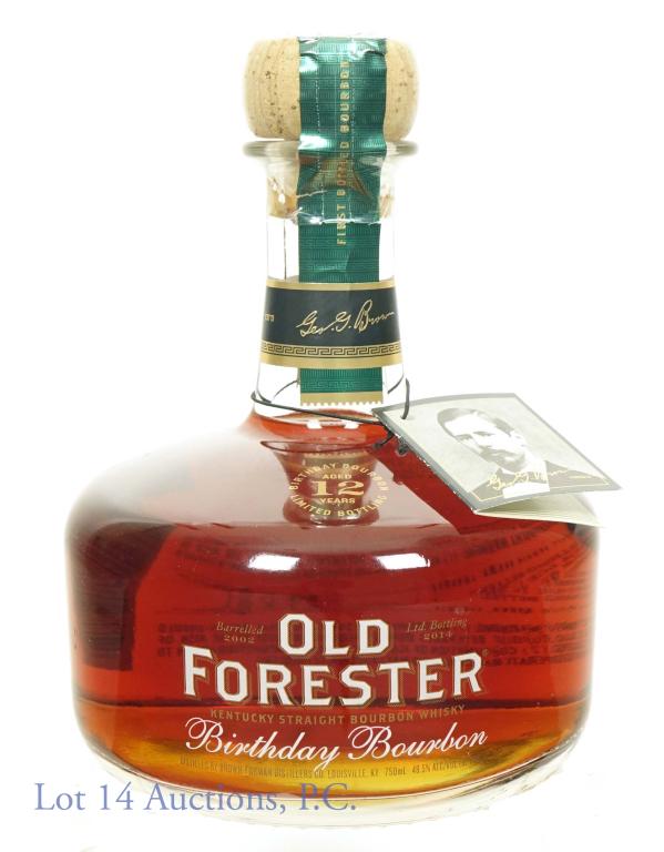 2014 Old Forester Birthday Bourbon 12 Yr.: Old Forester Birthday Bourbon, Kentucky Straight Bourbon Whiskey aged 12 years. Distilled 2002, bottled 2014. Brown-Forman Distillers. 97 proof, 750ml. With neck tag. Cello intact and very good fill.
