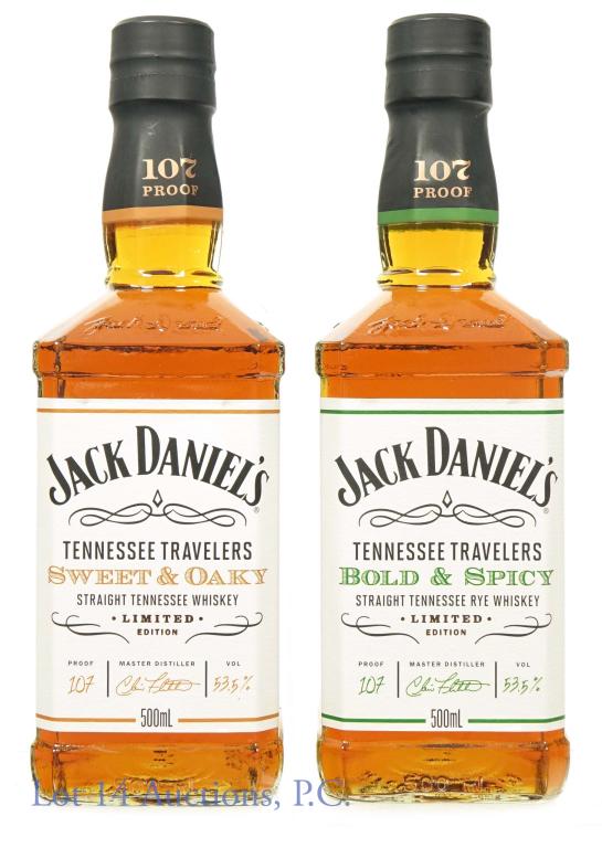 Jack Daniel's Tennessee Travelers Sweet Bold (2): (2) bottles: Jack Daniel's Tennessee Travelers Sweet & Oaky straight Tennessee whiskey. Limited edition. 107 proof. 500 ml. ***** Jack Daniel's Tennessee Travelers Bold & Spicy straight Tennessee whis