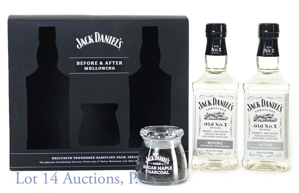 Jack Daniels Before & After Mellowing Gift Set: 2019 Jack Daniel's Before & After Mellowing exclusive Tennessee sampling pack. (1) bottle Jack Daniel's unmatured Old No. 7 brand whiskey. Aged 1 day (before charcoal mellowing). 80 proof. 375 ml. ***