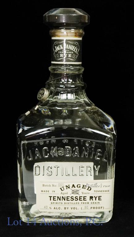 Jack Daniels Tennessee Rye Distillers Run Batch 1: Jack Daniel's unaged Tennessee rye. Sept 2012. 80 proof. 750 ml. Batch No. 001. Bottle No. 05066A. Elastic neck tag with "DSP TN - 1" metal tag present. Side of the bottle appears to be signed by Fran