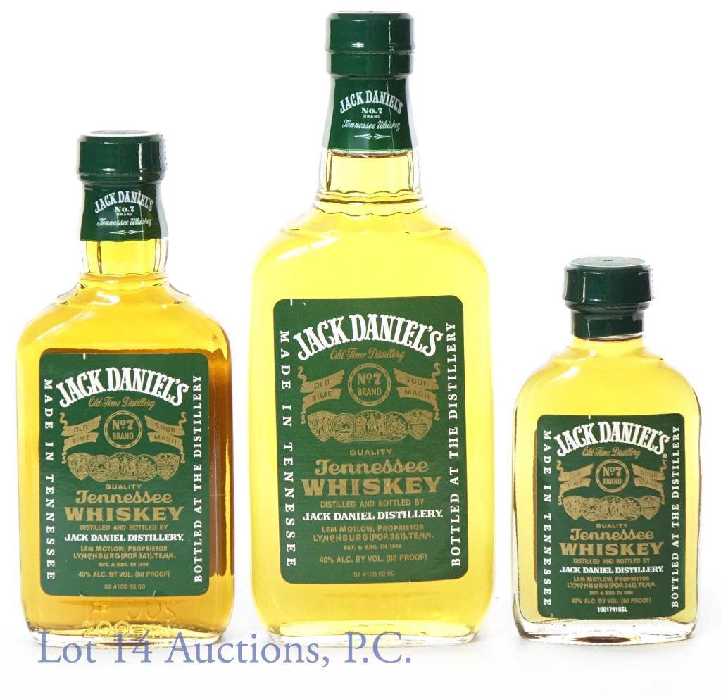 Jack Daniel's Whiskey Green Label, 100, 200, 375ml: Three bottles of Green Label Jack Daniel's Tennessee Whiskey. All are 80 proof, 100, 200 and 375ml. (675ml total).