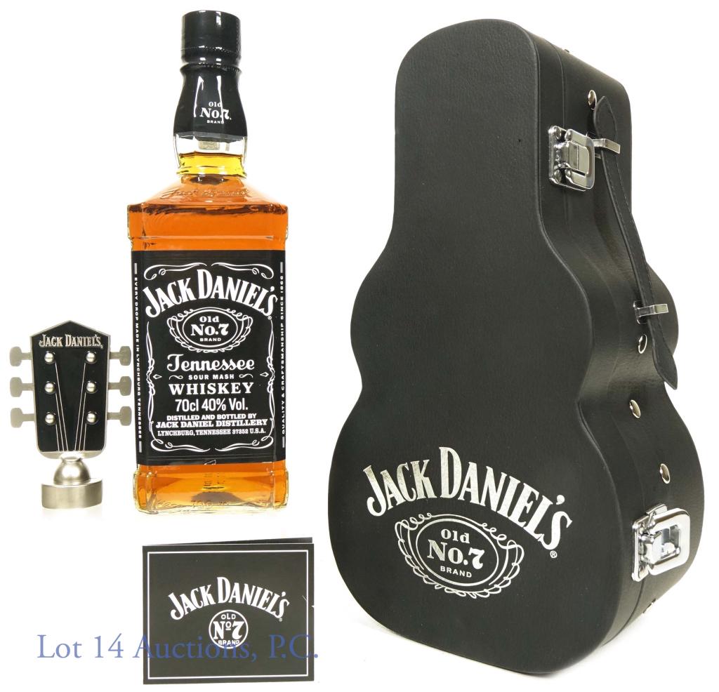 2017 Jack Daniels Whiskey Music to Our Ears Europe: 2017 Jack Daniel's Tennessee sour mash whiskey. 80 proof. 70 cl (700 ml). Manufactured for Europe. Comes in guitar case (approximately 7" x 12.5" x 5" or 17.7 cm x 31.7 cm x 12.5 cm). Comes with guita