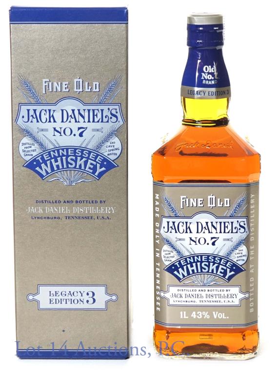 Jack Daniel's Old No. 7 Whiskey Legacy Edition 3: Third Edition - Jack Daniel's Legacy Edition Tennessee Whiskey. 1 Liter, 86 proof. Bottle No. 312055. In box. Etch: 053A22141. Copyright 2020. Brown-Forman Netherlands BV. In box.