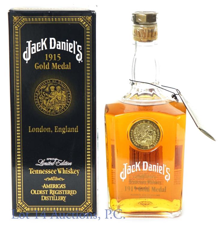 1915 Bedford Sgd. Jack Daniel's Gold Medal Whiskey: July, 2003 signed by Master Distiller Jimmy Bedford. Released - 2002 1915 Jack Daniel's Gold Medal bottle, neck tag and box. 90 proof, 750ml. Etch: B1652B624203.