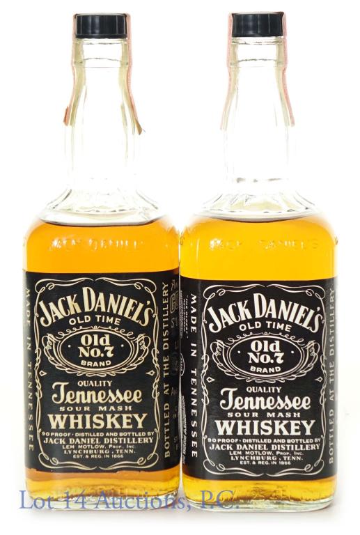 Jack Daniel's Whiskey (1977 & 1978?): (2) bottles: Jack Daniel's old time Old No.7 Tennessee whiskey. 90 proof. 750 ml (25.4 fl oz). Series 112 (Internal Revenue) tax strip (1961-1977 ; per consigner, 1977). ***** Jack Daniel's old time o