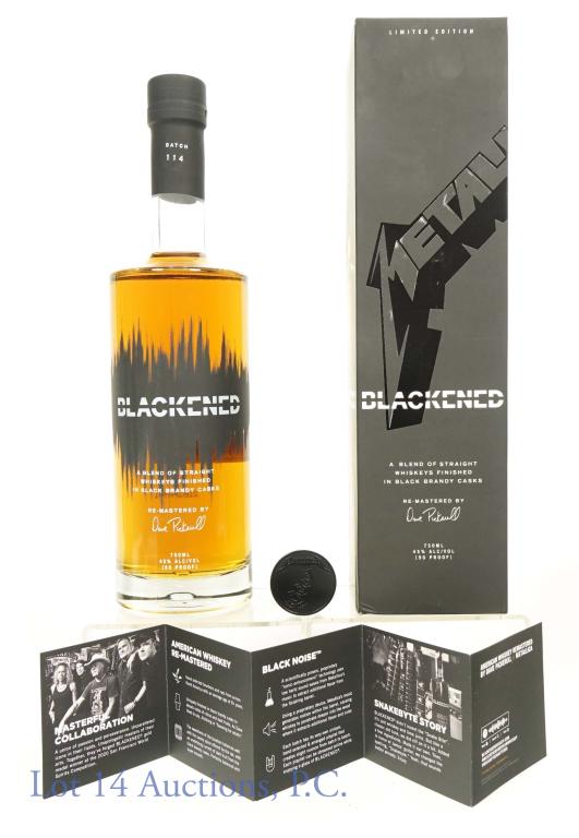 Blackened Metallica Edition Bourbon: *** IF YOU MAY NEED SHIPPING, PLEASE CALL US BEFORE BIDDING ON BOTTLES! 847-625-0555. *** In box with coin and booklet. 45% abv. 90 proof. 750 ml. Batch No. 114.