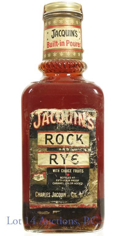 1976 (?) Jacquin's Rock & Rye: Jacquin's Rock & Rye, 54 proof, 3/4 quart. Series 112 tax strip, and "18" and "76" embossed on bottom of "Junior bottle".