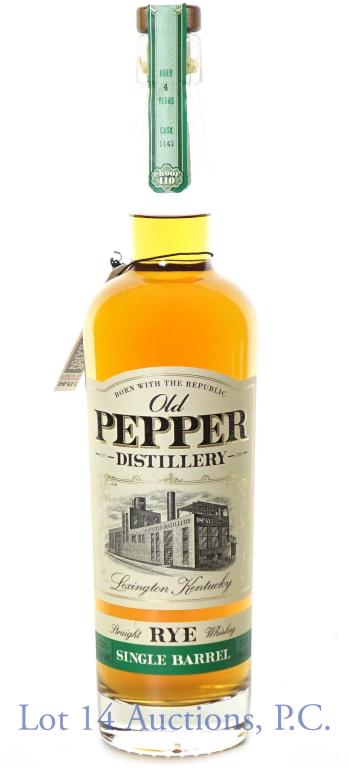 Old Pepper Rye Whiskey (Liquor Barn Pick): **IF YOU NEED SHIPPING ON BOTTLES OR DECANTERS PLEASE CALL US BEFORE BIDDING! 847-625-0555!** Old Pepper single barrel straight rye whiskey. 4 years. 110 proof. 750 ml. Cask No. 1141. James Pepper Dis