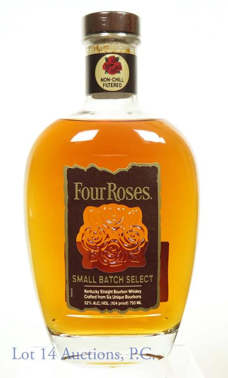 Four Roses Small Batch Select Bourbon: *** IF YOU MAY NEED SHIPPING, PLEASE CALL US BEFORE BIDDING ON BOTTLES! 847-625-0555. *** Four Roses Kentucky straight bourbon whiskey. Small batch select. 104 proof, 750 ml.