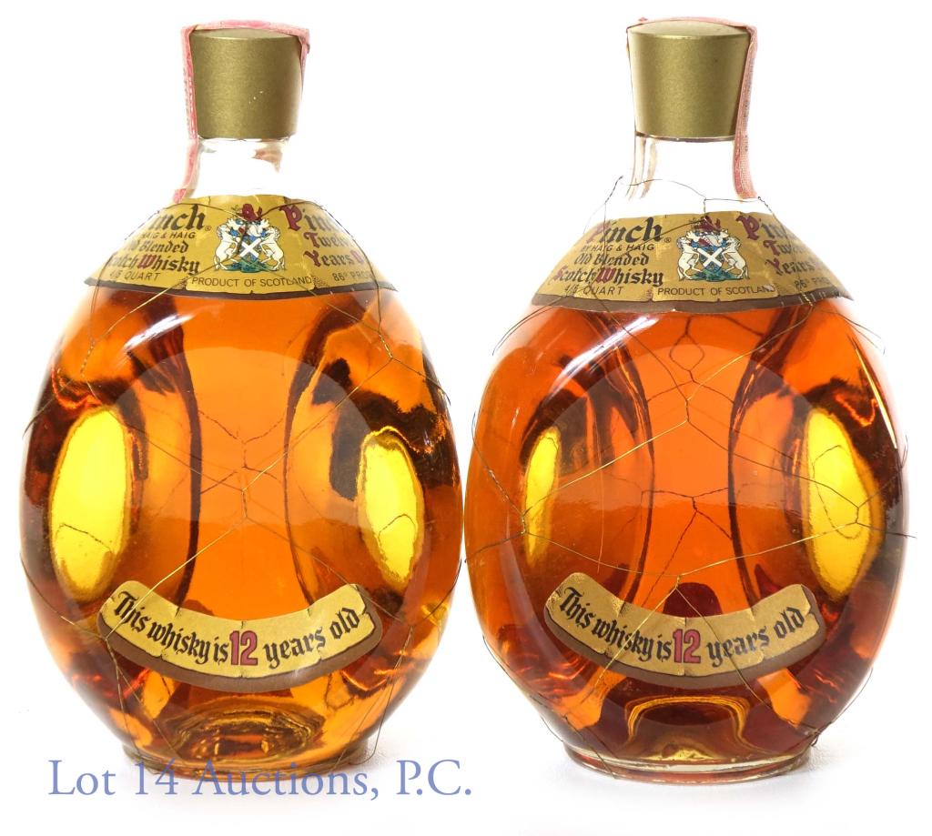 Haig & Haig Pinch Scotch 1960s/70s (2): (2) bottles of Haig & Haig Pinch old blended Scotch whisky. 12 years. 86 proof. 4/5 quart. Both bottles have Series 112 (Internal Revenue) tax strips (1960 - 1977).