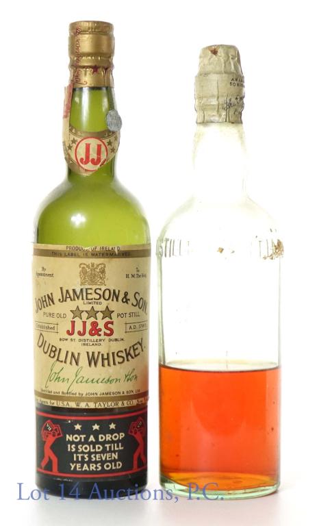 Dewars & Jameson OLD Whiskey (2): John Jameson & Son Dublin Whiskey. Distilled 1926 - Bottled January 1934. 90 proof. 1 pint, 8 fluid ounces. Bottle is sealed, but the fill is below the top of the label. ****** John Dewar & Sons Scotc