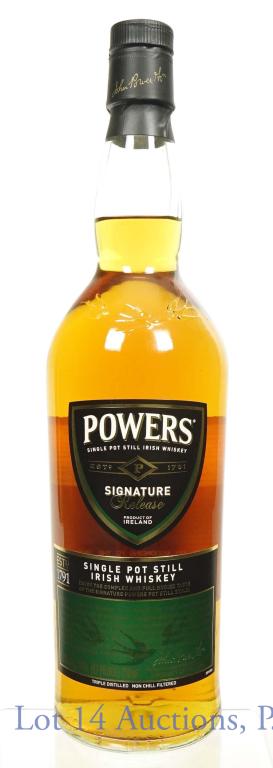 Powers Irish Whiskey Signature Release: *** IF YOU MAY NEED SHIPPING, PLEASE CALL US BEFORE BIDDING ON BOTTLES! 847-625-0555. *** Power's single pot still Irish whiskey. Signature release. 92 proof, 750ml.