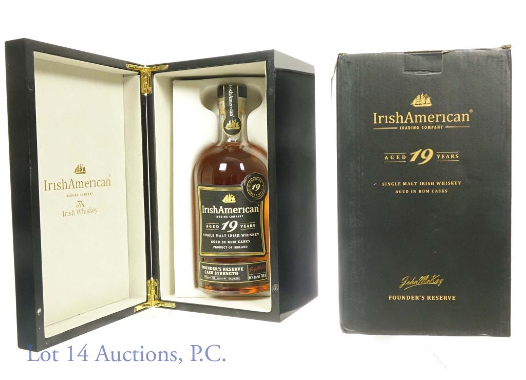 Irish American 19 Yr. Sgl Malt Irish Whiskey: 54% abv, 750ml. Irish American Trading Company 19 years old Single Malt Irish Whiskey Aged in Rum Casks. In original wood case and box. Batch No. 1 and Bottle #45 of 625 produced.