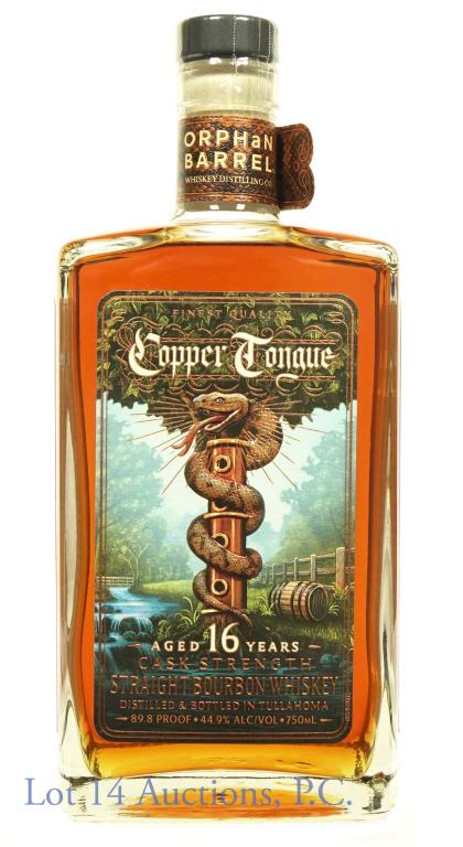 Orphan Barrel Copper Tongue 16 Yr Bourbon: **IF YOU NEED SHIPPING ON BOTTLES OR DECANTERS PLEASE CALL US BEFORE BIDDING! 847-625-0555!** Orphan Barrel Copper Tongue straight bourbon whiskey. 16 years. Cask strength (89.8 proof). 750 ml. Distil