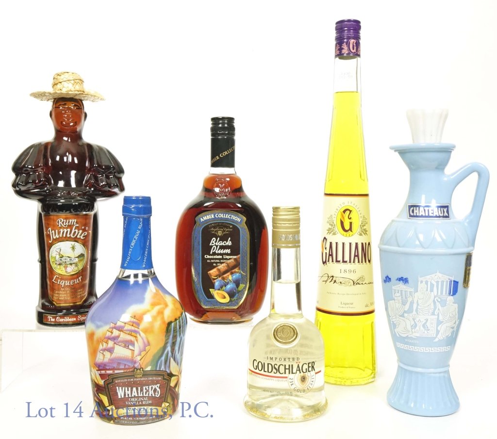 Vodka, Rum, and Liqueurs (6): *** IF YOU MAY NEED SHIPPING, PLEASE CALL US BEFORE BIDDING ON BOTTLES! 847-625-0555. *** (1) Whaler's vanilla rum. 35% abv, 750ml. (2) Chateaux vodka. 80 proof, 4/5 quart. (3) Goldschlager cinnamon s