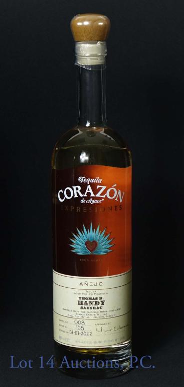 2022 Tequila Corazon Expresiones - Sazerac Barrels: 2022 Tequila Corazon de agave Expresiones anejo. 19 months. 80 proof. 750 ml. Barrel No. 008. Bottle No. 105. Bottled on 07-07-2022. Aged in Thomas H. Handy Sazerac barrels from the Buffalo Trace Dist