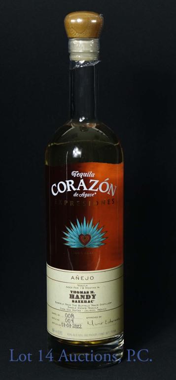 2022 Tequila Corazon Expresiones - Sazerac Barrels: 2022 Tequila Corazon de agave Expresiones anejo. 19 months. 80 proof. 750 ml. Barrel No. 008. Bottle No. 004. Bottled on 07-07-2022. Aged in Thomas H. Handy Sazerac barrels from the Buffalo Trace Dist