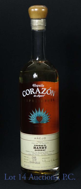 2022 Tequila Corazon Expresiones - Sazerac Barrels: 2022 Tequila Corazon de agave Expresiones anejo. 19 months. 80 proof. 750 ml. Barrel No. 008. Bottle No. 109. Bottled on 07-07-2022. Aged in Thomas H. Handy Sazerac barrels from the Buffalo Trace Dist