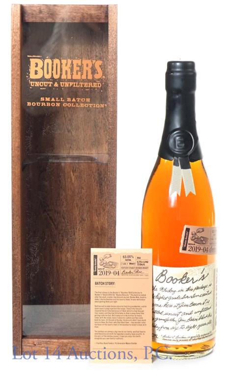 2019 Booker's Uncut / Unfltrd Small Batch Bourbon: *** IF YOU MAY NEED SHIPPING, PLEASE CALL US BEFORE BIDDING ON BOTTLES! 847-625-0555. *** Batch 2019 - 04 Booker's Uncut and Unfiltered Small Batch Bourbon. Aged 6 years, 6 months, 19 days, 63.05% abv
