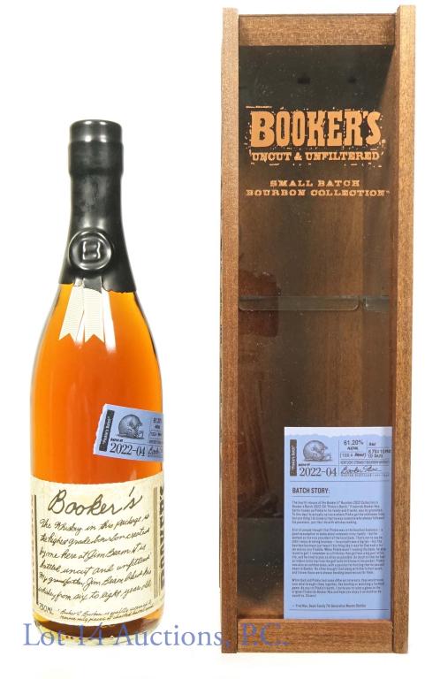 Booker's Bourbon (Pinkies Batch 2022-04): Booker's Kentucky straight bourbon whiskey Pinkie's Batch (2022-04). 6 years, 10 months, 10 days. 122.4 proof. 750 ml. James B. Beam Distilling. Etch: L2301CLA 542811852. Includes Master Distiller's N