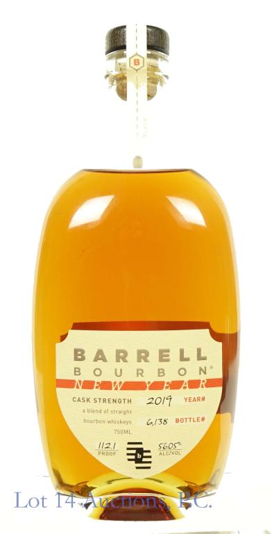 2019 Barrell Bourbon "New Year" Whiskey: *** IF YOU MAY NEED SHIPPING, PLEASE CALL US BEFORE BIDDING ON BOTTLES! 847-625-0555. *** Barrell Bourbon "New Year" Whiskey. Cask strength. Bottle No. 6,138. 56.05% abv. 112.1 proof. 750 ml.