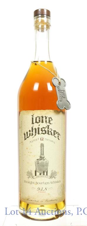 Lone Whisker 12 YR Straight Bourbon Whiskey: *** IF YOU MAY NEED SHIPPING, PLEASE CALL US BEFORE BIDDING ON BOTTLES! 847-625-0555. *** Lone Whisker straight bourbon whiskey. Aged 12 years. 93.8 proof, 750ml. Neck tag present.