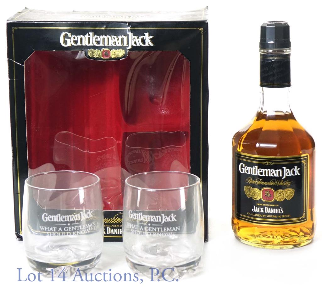 Gentleman Jack Rare Whiskey Gift Set, 2 Glasses: Gentleman Jack (3rd Gen?) 750ml 80 proof bottle with 2 GJ glasses. Original gift box is in fair condition. Box has 2000 copyright.