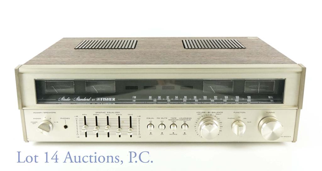 Fisher RS-2004A Stereo Receiver: Fisher stereo receiver, model RS-2004A. 120 VAC, 50/60 Hz, 220W. Tested and works. Panel lights up. Excellent aesthetic condition. Cords attached. Factory stickers still attached. Wire holding piece (