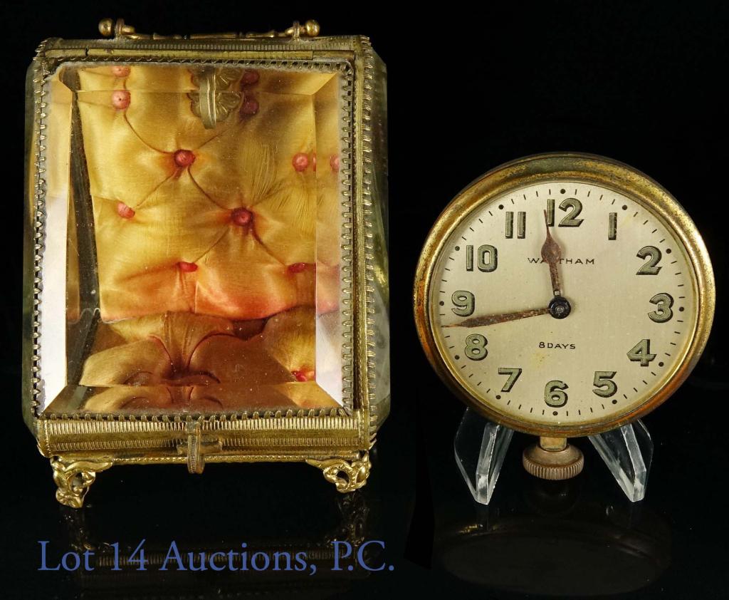 Waltham Auto Car 8 Day Clock & Brass Watch Case: Waltham large 8 day wind-up automobile / car clock. Winds and runs. (Untested for accuracy). Hands show rust and brass case shows pitting / patina. 2.75 x 3.25". Crystal is in good condition, and beze