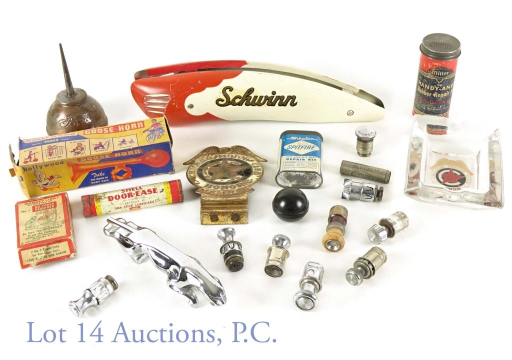 Uncle's Auto & Schwinn Bike Tool Drawer: 1950's Hollywood Trike Bike Goose Horn in original box Model 375 about 6.5" long. Tested and annoyed everyone in the warehouse. Antique FORD Model -T old automobile oil can patented April 4, 1908. Mon