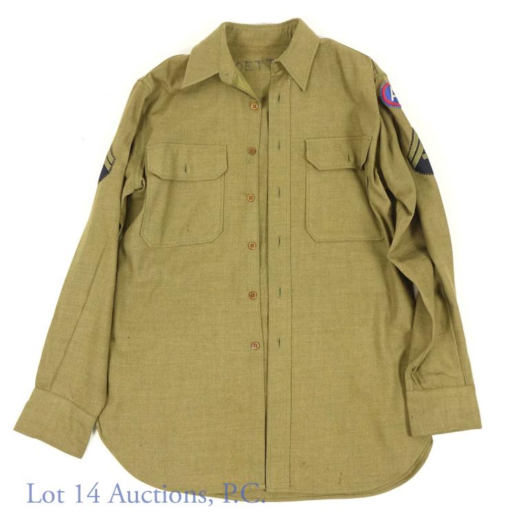 WWII US Army Wool Jackets, Shirt, Pant Uniform: The first wool US Army Jacket is a size 38R with medals above breast pocket and on collar. Jacket also has sleeve patches for US Army Tech, US Army Central (3rd Army), and European Theater of Operatio