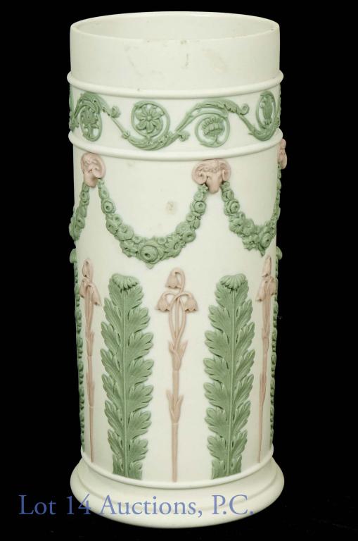 Early 19th C. Tri-Color Wedgwood Jasperware Vase: Wedgwood tri-color Jasperware spill vase. Very rare. Early 19th century fireplace hearth accessory. Some light soiling or staining, but no chips, cracks, repairs or nicks observed. 5.75" tall, 2.75" d