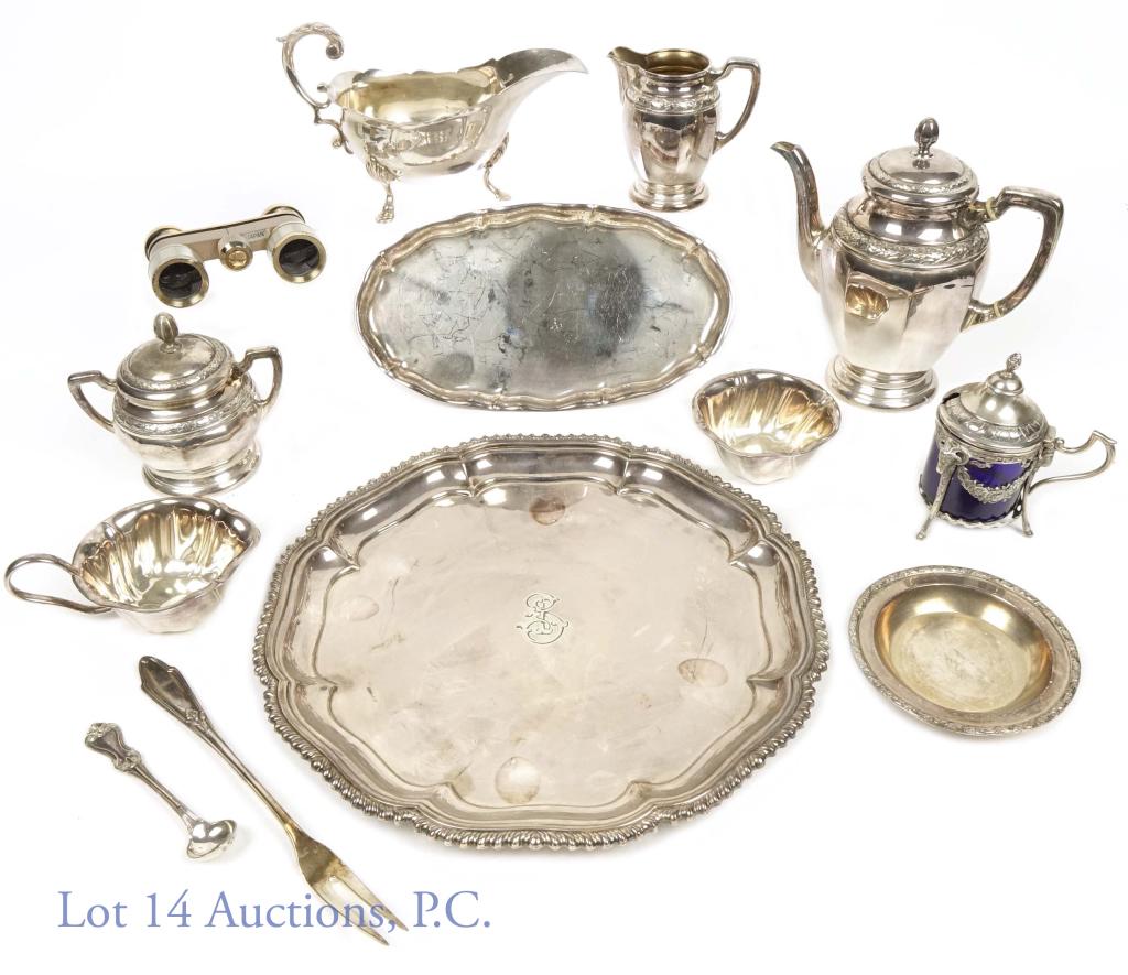 Tea Set, Opera Glasses and Cobalt Glass: Cobalt glass salt cellar with hinged lid and matching spoon. Ornately decorated with ram heads and floral garland. About 3.75" tall. Wega Opera Gern Optic Swiss X3 binoculars with mother of pearl deta