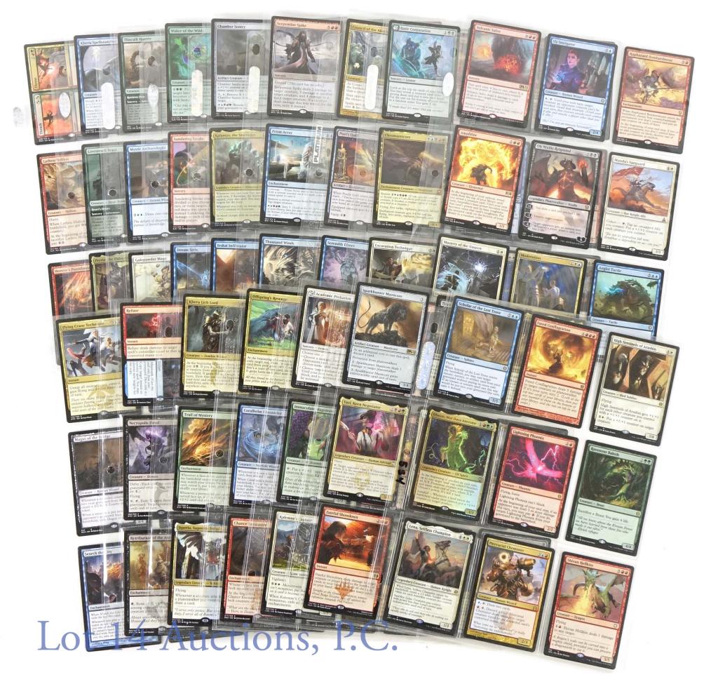 Magic The Gathering (MTG) Trading Cards (144): Magic The Gathering (MTG) Trading Cards (144 Cards Total). Features (16) pages of cards that are Mythic (orange-red / bronze), Rare (gold), Uncommon (silver) & Common (black). Also features quite a fe