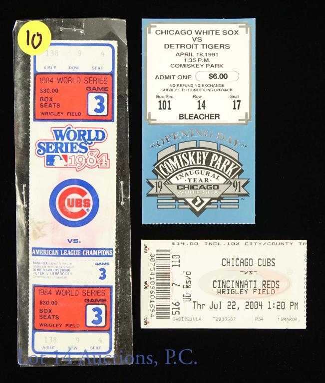Historic Chicago Cubs & White Sox Ticket Stubs (2): Historic Chicago Cubs & White Sox Ticket Stubs (2 Total). Includes an Opening Day Ticket to the Inaugural Year at Comiskey Park (April 18, 1991) (Not Full Ticket Stub) & a Chicago Cubs 1984 World Seri