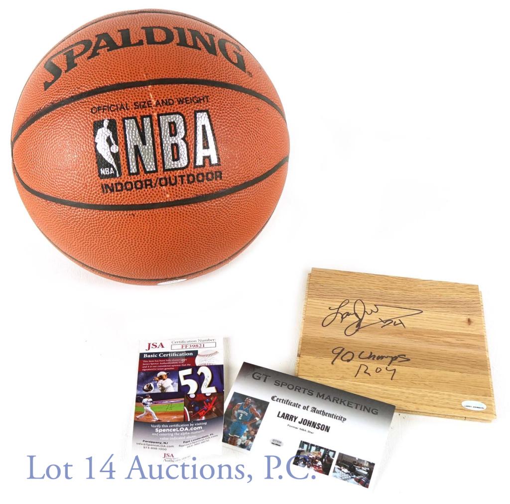 Antoine Walker & Larry Johnson Signed Memorabilia: Basketball fans will love this lot. This lot opens with a Spalding NBA basketball signed by Antoine Walker. This basketball does have a COA from JSA. Also included is a Larry Johnson signed piece of f