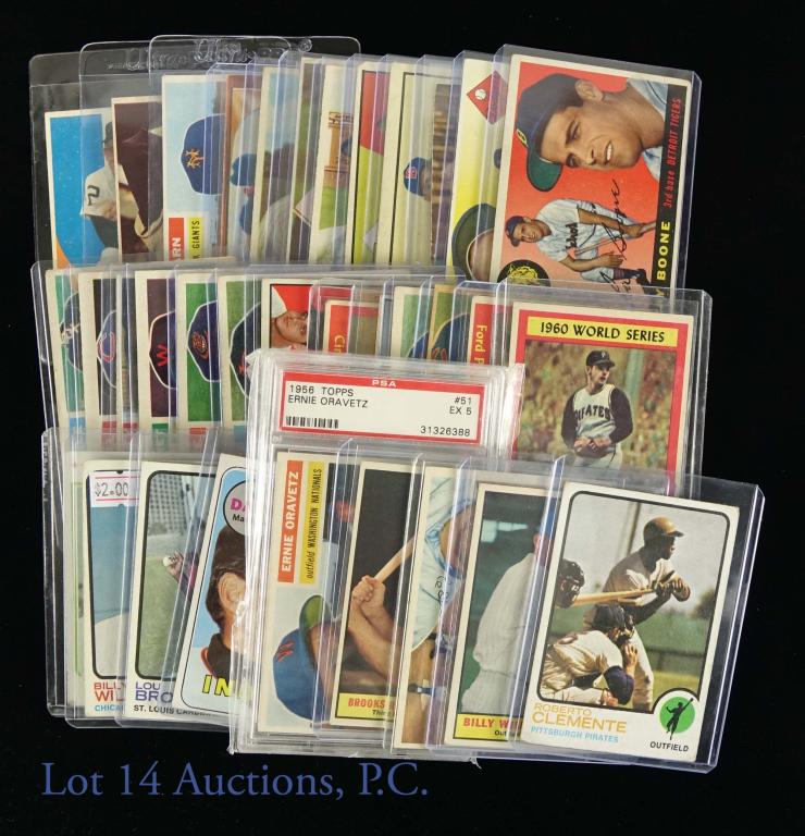 1952-1973 Topps / Bowman MLB Baseball Cards (34): 1952-1973 Topps / Bowman MLB Baseball Cards (34 Cards Total). Includes 1973 Topps #50 Roberto Clemente (Last Year), 1961 Topps #141 Billy Williams Rookie Card, 1956 Topps #150 Duke Snider, 1956 Topps 
