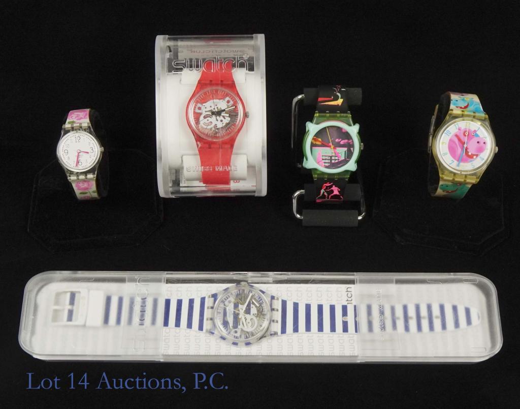 Swatch Watches (5): Lot of 5 Swatch watches. Includes blue and white stripped with transparent face (GE270 - original box), all red with transparent face, and black with pop art style design (bottom band broken). 1 Peppa